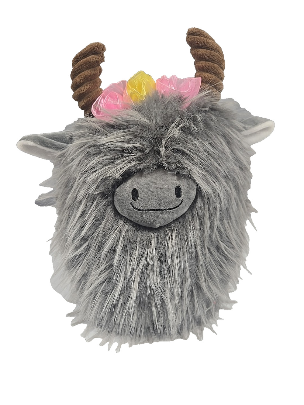 Hug Fun Highland Cow Gray Ribbon Flower Crown Plush Stuffed Animal 10 Inch